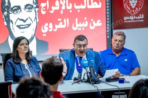 August 27, 2019: Press conference at the headquarters of the “Au coeur de la Tunisie” party, led by presidential candidate Nabil Karoui. This same candidate was arrested by police on Friday, August 23, in connection with legal proceedings and imprisoned, even though he had not been convicted by a court in a money laundering case. A press conference on Nabil Karoui’s situation was held by the party’s spokesperson, Samira Chaouchi, his lawyer, Riadh Elloumi, and one of his candidates for the legislative elections, Abdelaziz Belkhodja. 