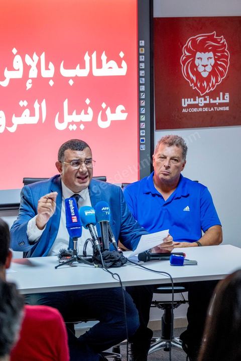 August 27, 2019: Press conference at the headquarters of the “Au coeur de la Tunisie” party, led by presidential candidate Nabil Karoui. This same candidate was arrested by police on Friday, August 23, in connection with legal proceedings and imprisoned, even though he had not been convicted by a court in a money laundering case. A press conference on Nabil Karoui’s situation was held by the party’s spokesperson, Samira Chaouchi, his lawyer, Riadh Elloumi, and one of his candidates for the legislative elections, Abdelaziz Belkhodja. 
