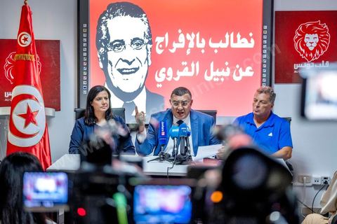 August 27, 2019: Press conference at the headquarters of the “Au coeur de la Tunisie” party, led by presidential candidate Nabil Karoui. This same candidate was arrested by police on Friday, August 23, in connection with legal proceedings and imprisoned, even though he had not been convicted by a court in a money laundering case. A press conference on Nabil Karoui’s situation was held by the party’s spokesperson, Samira Chaouchi, his lawyer, Riadh Elloumi, and one of his candidates for the legislative elections, Abdelaziz Belkhodja. 
