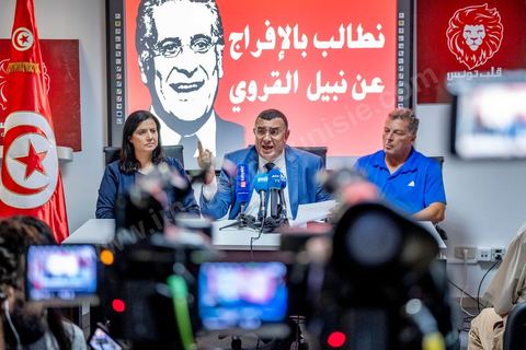 August 27, 2019: Press conference at the headquarters of the “Au coeur de la Tunisie” party, led by presidential candidate Nabil Karoui. This same candidate was arrested by police on Friday, August 23, in connection with legal proceedings and imprisoned, even though he had not been convicted by a court in a money laundering case. A press conference on Nabil Karoui’s situation was held by the party’s spokesperson, Samira Chaouchi, his lawyer, Riadh Elloumi, and one of his candidates for the legislative elections, Abdelaziz Belkhodja. 