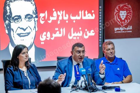 August 27, 2019: Press conference at the headquarters of the “Au coeur de la Tunisie” party, led by presidential candidate Nabil Karoui. This same candidate was arrested by police on Friday, August 23, in connection with legal proceedings and imprisoned, even though he had not been convicted by a court in a money laundering case. A press conference on Nabil Karoui’s situation was held by the party’s spokesperson, Samira Chaouchi, his lawyer, Riadh Elloumi, and one of his candidates for the legislative elections, Abdelaziz Belkhodja. 