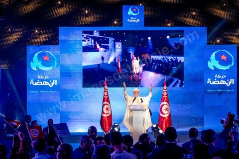 August 30, 2019: Speech by Abdlefattah Mourou, Ennahda’s leading candidate in the presidential election. At the Tunis Convention Center, the Ennahda Party is holding its major conference to present its candidates and platforms for the legislative and presidential elections scheduled for late 2019. The event featured a presentation of the electoral platform, an introduction of the parliamentary slate leaders—led by Rached Ghannouchi, who is running for a seat in Tunis—and the introduction of the party’s first presidential candidate, Abdlefattah
