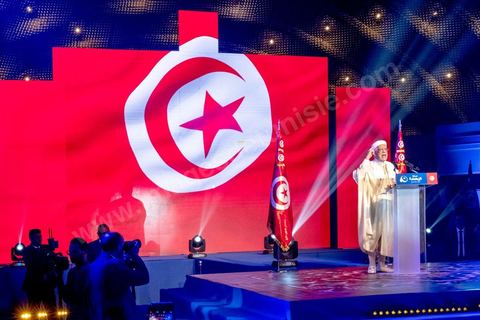 August 30, 2019: Speech by Abdlefattah Mourou, Ennahda’s leading candidate in the presidential election. At the Tunis Convention Center, the Ennahda Party is holding its major conference to present its candidates and platforms for the legislative and presidential elections scheduled for late 2019. The event featured a presentation of the electoral platform, an introduction of the parliamentary slate leaders—led by Rached Ghannouchi, who is running for a seat in Tunis—and the introduction of the party’s first presidential candidate, Abdlefattah