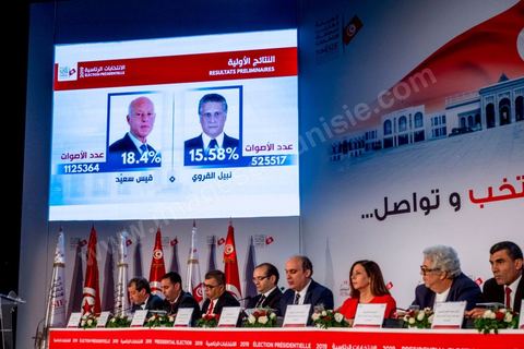 17 septembre 2019 : au centre de presse de l'ISIE, Instance Supérieure Indépendante des Elections, le prsident de l'ISIE, Nabil Baffoun, annonce les résultultas complets préliminaires du 1er tour des électiosn présidentielles du 15 septembre. Kais Saied, candidat indépendant, termin epremier avec 18,8 % suivi par Nabil Karoui, candidat en prison, avec 15,5 %, tous les deux sont qualifiés pour le second tour en atttendant d'éventuels recours invalidants et l'annonce officielle et definitives des résultats prévus dasn les trois emaines à venir maximum. 