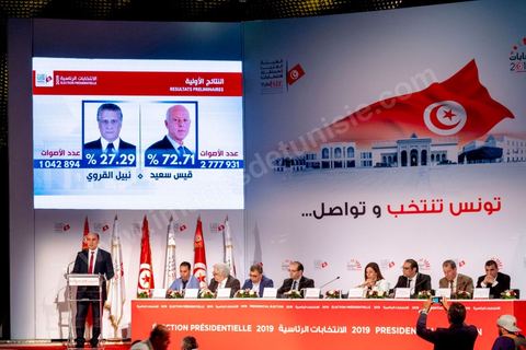 14 octobre 2019 : moins de 24h après la fermeture des bureaux de vote, Nabil Baffoun, président de l’Instance supérieure indépendante pour les élections (ISIE) a annoncé les résultats préliminaires du scrutin présidentiel, ce sont 2 777 931 Tunisiens qui ont voté pour Kaïs Saïed, candidat indépendant, qui l'emporte avec 72,71% des voix contre seulement 1 042 894 voix (27,29%) pour le candidat Nabil Karoui, président du parti Au Cœur de la Tunisie, avec un taux de participation estimé à 56,8% à l’intérieur du pays et 24,4% à l’étranger. Notons qu’en cas d’absence de recours, les résultats officiels définitifs de l’élection présidentielle seront annoncés dans un délai de trois jours.