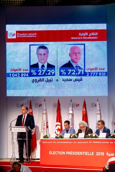 14 octobre 2019 : moins de 24h après la fermeture des bureaux de vote, Nabil Baffoun, président de l’Instance supérieure indépendante pour les élections (ISIE) a annoncé les résultats préliminaires du scrutin présidentiel, ce sont 2 777 931 Tunisiens qui ont voté pour Kaïs Saïed, candidat indépendant, qui l'emporte avec 72,71% des voix contre seulement 1 042 894 voix (27,29%) pour le candidat Nabil Karoui, président du parti Au Cœur de la Tunisie, avec un taux de participation estimé à 56,8% à l’intérieur du pays et 24,4% à l’étranger. Notons qu’en cas d’absence de recours, les résultats officiels définitifs de l’élection présidentielle seront annoncés dans un délai de trois jours.