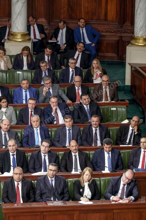 26 février 2020 : les ministres du gouvernement de Elyes Fakhfakh  lors du vote de confiance du gouvernement de Elyes Fakhfakh, Premier ministre proposé par le président Kais Saied, à l'assemblée des Représentants du Peuple. Après la présentation des membres du gouvernement, le premier ministre nommé présente son programme pour le vote de confiance qui doit avoir lieu dasn la soirée après les questions des parlementaires. 