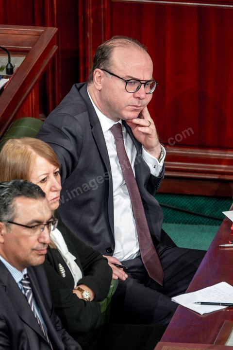 26 février 2020 : Elyes Fakhfakh devant l'ARP lors du vote de confiance du gouvernement de Elyes Fakhfakh, Premier ministre proposé par le président Kais Saied, à l'assemblée des Représentants du Peuple. Après la présentation des membres du gouvernement, le premier ministre nommé présente son programme pour le vote de confiance qui doit avoir lieu dasn la soirée après les questions des parlementaires. 