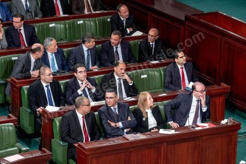 26 février 2020 : les ministres du gouvernement de Elyes Fakhfakh  lors du vote de confiance du gouvernement de Elyes Fakhfakh, Premier ministre proposé par le président Kais Saied, à l'assemblée des Représentants du Peuple. Après la présentation des membres du gouvernement, le premier ministre nommé présente son programme pour le vote de confiance qui doit avoir lieu dasn la soirée après les questions des parlementaires. 