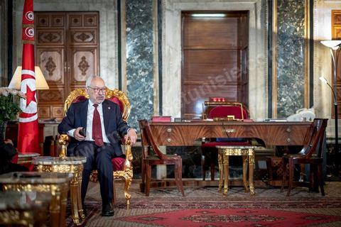 21 février 2020 : portrait de Rached Ghannouchi, Président de l'Assemblée des Représentants du peuple, dans son bureau de l'ARP. 