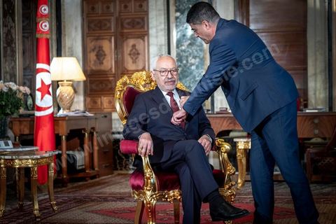 21 février 2020 : portrait de Rached Ghannouchi, Président de l'Assemblée des Représentants du peuple, dans son bureau de l'ARP. 
