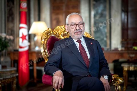 21 février 2020 : portrait de Rached Ghannouchi, Président de l'Assemblée des Représentants du peuple, dans son bureau de l'ARP. 