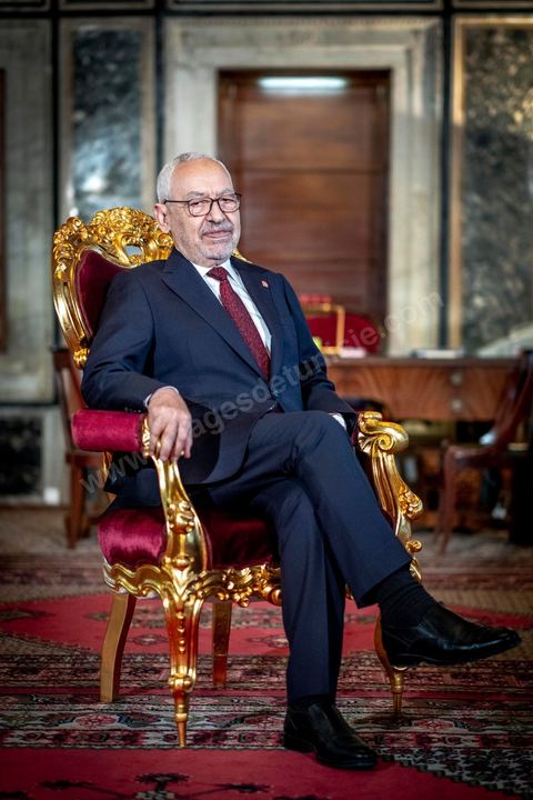 21 février 2020 : portrait de Rached Ghannouchi, Président de l'Assemblée des Représentants du peuple, dans son bureau de l'ARP. 