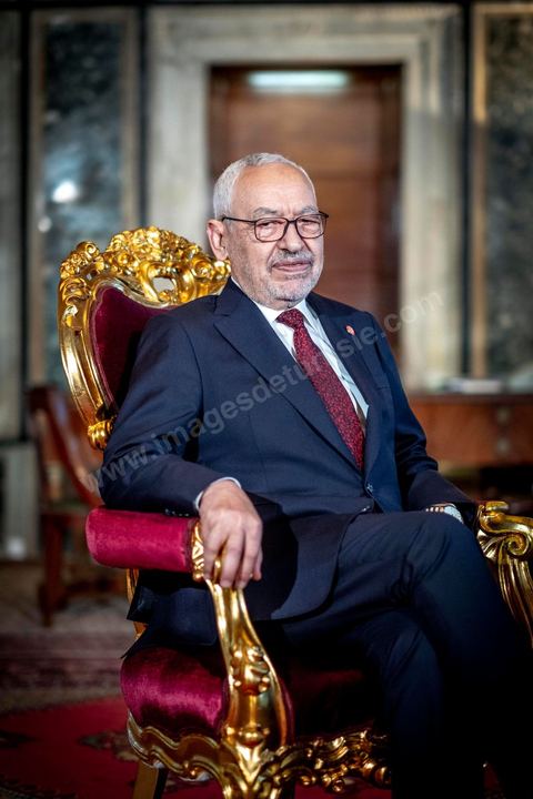 21 février 2020 : portrait de Rached Ghannouchi, Président de l'Assemblée des Représentants du peuple, dans son bureau de l'ARP. 
