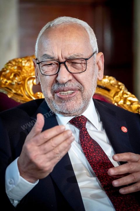 21 février 2020 : portrait de Rached Ghannouchi, Président de l'Assemblée des Représentants du peuple, dans son bureau de l'ARP. 