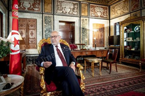21 février 2020 : portrait de Rached Ghannouchi, Président de l'Assemblée des Représentants du peuple, dans son bureau de l'ARP. 