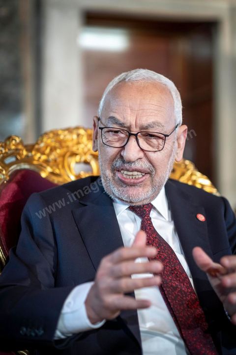 21 février 2020 : portrait de Rached Ghannouchi, Président de l'Assemblée des Représentants du peuple, dans son bureau de l'ARP. 