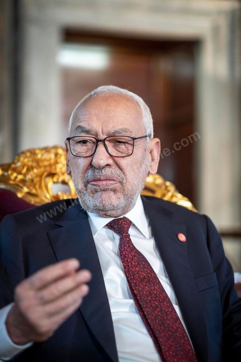 21 février 2020 : portrait de Rached Ghannouchi, Président de l'Assemblée des Représentants du peuple, dans son bureau de l'ARP. 