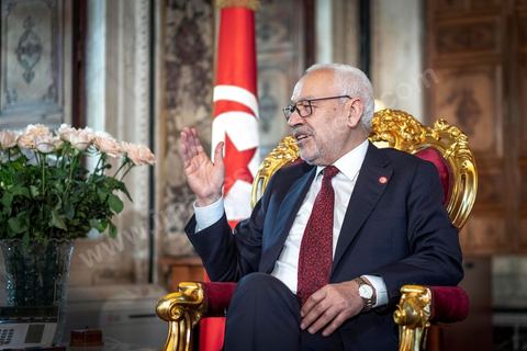21 février 2020 : portrait de Rached Ghannouchi, Président de l'Assemblée des Représentants du peuple, dans son bureau de l'ARP. 