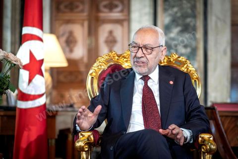 21 février 2020 : portrait de Rached Ghannouchi, Président de l'Assemblée des Représentants du peuple, dans son bureau de l'ARP. 