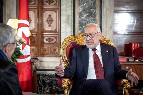 21 février 2020 : portrait de Rached Ghannouchi, Président de l'Assemblée des Représentants du peuple, dans son bureau de l'ARP. 