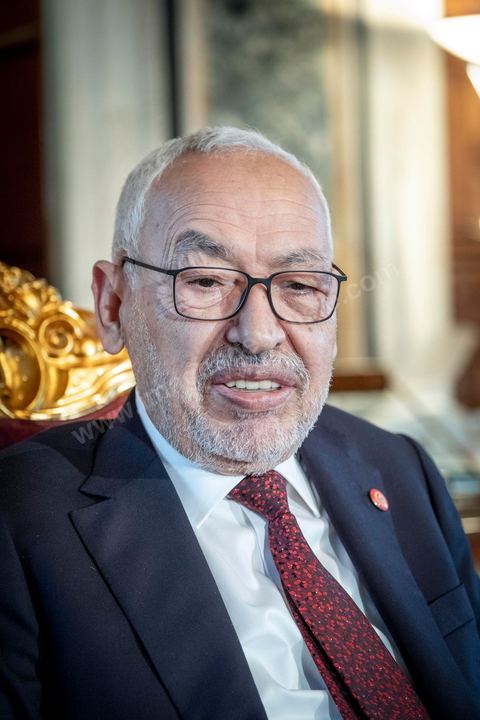 21 février 2020 : portrait de Rached Ghannouchi, Président de l'Assemblée des Représentants du peuple, dans son bureau de l'ARP. 
