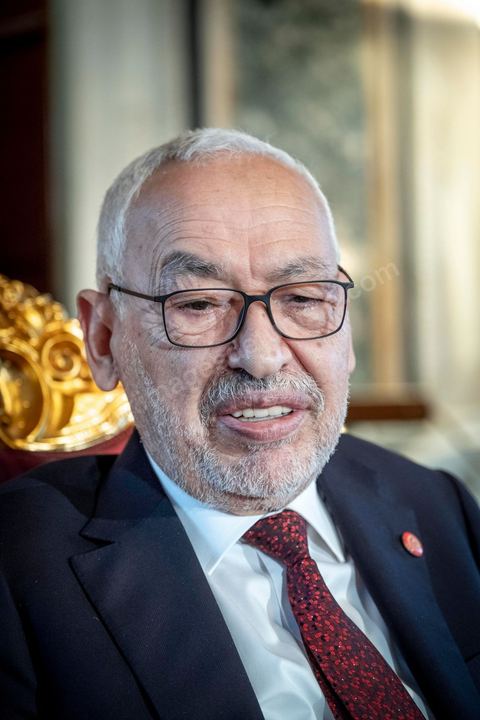 21 février 2020 : portrait de Rached Ghannouchi, Président de l'Assemblée des Représentants du peuple, dans son bureau de l'ARP. 