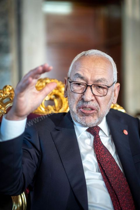 21 février 2020 : portrait de Rached Ghannouchi, Président de l'Assemblée des Représentants du peuple, dans son bureau de l'ARP. 
