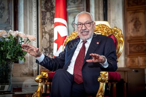 21 février 2020 : portrait de Rached Ghannouchi, Président de l'Assemblée des Représentants du peuple, dans son bureau de l'ARP. 