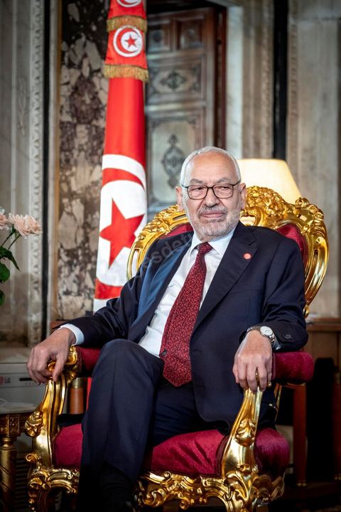 21 février 2020 : portrait de Rached Ghannouchi, Président de l'Assemblée des Représentants du peuple, dans son bureau de l'ARP. 