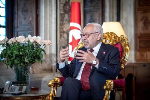 21 février 2020 : portrait de Rached Ghannouchi, Président de l'Assemblée des Représentants du peuple, dans son bureau de l'ARP. 