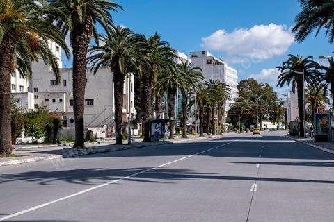 April 4, 2020: Downtown Tunis and its major thoroughfares, including Habib Bourguiba Avenue, were deserted during the government-imposed lockdown due to COVID-19. A curfew was also in effect during this period, from 6 p.m. until 6 a.m. 