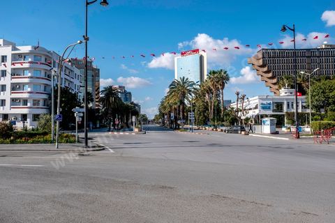 April 4, 2020: Downtown Tunis and its major thoroughfares, including Habib Bourguiba Avenue, were deserted during the government-imposed lockdown due to COVID-19. A curfew was also in effect during this period, from 6 p.m. until 6 a.m. 