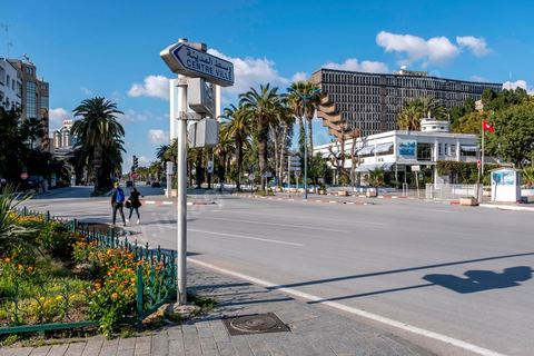 April 4, 2020: Downtown Tunis and its major thoroughfares, including Habib Bourguiba Avenue, were deserted during the government-imposed lockdown due to COVID-19. A curfew was also in effect during this period, from 6 p.m. until 6 a.m. 