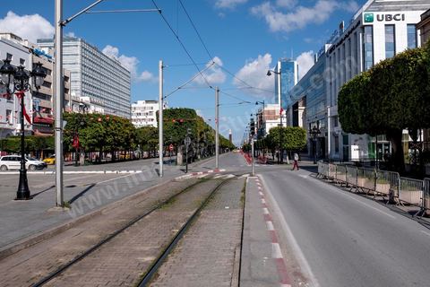 April 4, 2020: Downtown Tunis and its major thoroughfares, including Habib Bourguiba Avenue, were deserted during the government-imposed lockdown due to COVID-19. A curfew was also in effect during this period, from 6 p.m. until 6 a.m. 