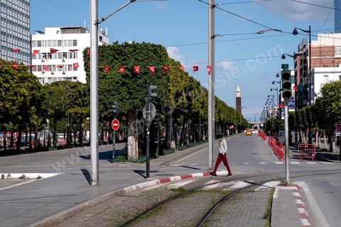 April 4, 2020: Downtown Tunis and its major thoroughfares, including Habib Bourguiba Avenue, were deserted during the government-imposed lockdown due to COVID-19. A curfew was also in effect during this period, from 6 p.m. until 6 a.m. 