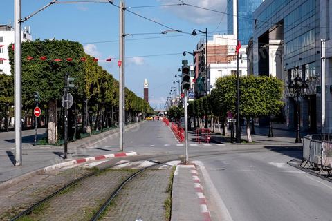 April 4, 2020: Downtown Tunis and its major thoroughfares, including Habib Bourguiba Avenue, were deserted during the government-imposed lockdown due to COVID-19. A curfew was also in effect during this period, from 6 p.m. until 6 a.m. 