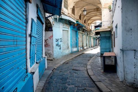 April 4, 2020: The Medina of Tunis is deserted. Jamaa Ez Zitouna Street, the main thoroughfare of the Medina of Tunis and a popular tourist street, is empty, with all the shops closed during the government-imposed lockdown due to COVID-19. A curfew was also in effect during this period, from 6:00 p.m. until 6:00 a.m. 