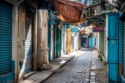 April 4, 2020: The Medina of Tunis is deserted. Jamaa Ez Zitouna Street, the main thoroughfare of the Medina of Tunis and a popular tourist street, is empty, with all the shops closed during the government-imposed lockdown due to COVID-19. A curfew was also in effect during this period, from 6:00 p.m. until 6:00 a.m. 