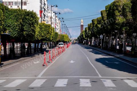 April 4, 2020: Downtown Tunis and its major thoroughfares, including Habib Bourguiba Avenue, were deserted during the government-imposed lockdown due to COVID-19. A curfew was also in effect during this period, from 6 p.m. until 6 a.m. 