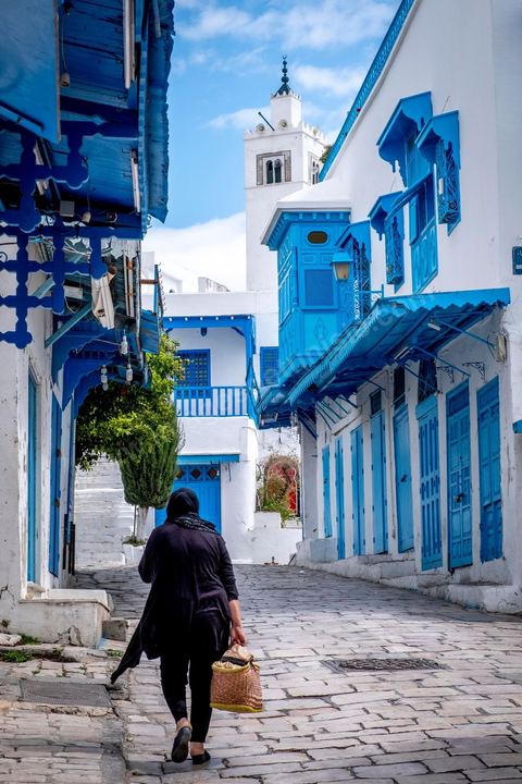 27 mars 2020 : le village touristique de Sidi Bou Saïd pendant le confinement général du au Covid19. D'habitude rempli de tunisiens et de touristes le village est déserté, suels quelmques habitants circulent pour faire leurs courses. 