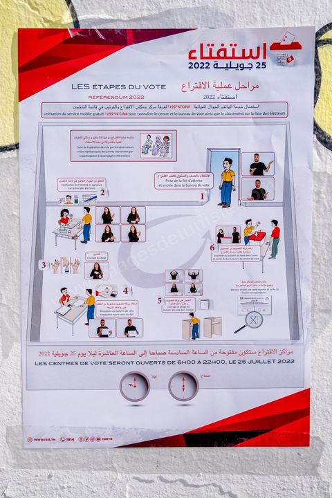 25 juillet 2022 : jour de la fête de la République de 1956, jour du 1er anniveraisre du coup d'état de Kais Saied de 2021, ce 25 juillet est le jour de vote pour le réferendum sur l'approbation de la nouvelle constitution du Président Kais Saeid. Le peuple est appelé par oui ou non à validé le texte de la 3ème constittuion proposé par le président de la République. Au centre ville de Tunis, les bureaux de vote ne connaissent qu'une faible affluence, le taux d'abstention étant le seul chiffre attendu au vu des appels à boycott d'un grand nombre de partis d'opposition. Absence aussi d'observateurs dasn les bureaux de vote est flagrante par raport aux anciens scrutins qui ont eu lieu en Tunisie ces dernières années.