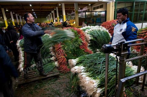 Etale et vendeurs de oignons et carottes à la Halle aux fruits et légumes du marché de gros de Tunis à El MouroujHalle aux fruits et légumes du marché de gros de Tunis à El Mourouj