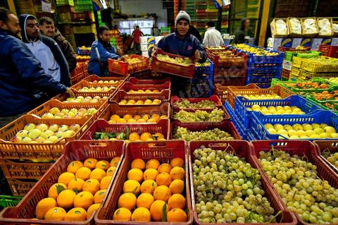 Vendeur et étales de raisins, oranges et pommes à la Halle aux fruits et légumes du marché de gros de Tunis à El Mourouj
