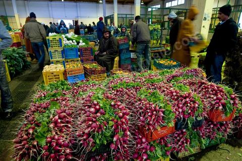 Vendeur et étales de radis à la Halle aux fruits et légumes du marché de gros de Tunis à El Mourouj