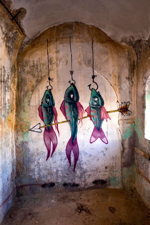 Oeuvres de l'artiste espagnol MALAKKAI pour le Projet DjerbaHood : après la Tour Paris 13, la team Itinerrance dépose ses valises dans un village traditionnel de l’île de Djerba, Erriadh. Depuis le début du mois de juillet, le village d’Erriadh se métamorphose petit à petit pour devenir un véritable musée à ciel ouvert. Une sélection d’artistes des quatre coins du monde ont été invités à s’exprimer dans ce décor unique à l’architecture authentique : murs blancs, portes bleues turquoises, dômes, veilles constructions et divers lieux abandonnés, autant de possibilités qui donneront naissance à des créations uniques aux couleurs locales.