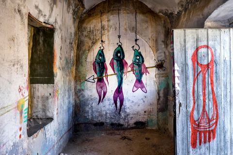 Oeuvres de l'artiste français AMOSE (porte) et l'espagnol MALAKKAI (poissons) pour le Projet DjerbaHood : après la Tour Paris 13, la team Itinerrance dépose ses valises dans un village traditionnel de l’île de Djerba, Erriadh. Depuis le début du mois de juillet, le village d’Erriadh se métamorphose petit à petit pour devenir un véritable musée à ciel ouvert. Une sélection d’artistes des quatre coins du monde ont été invités à s’exprimer dans ce décor unique à l’architecture authentique : murs blancs, portes bleues turquoises, dômes, veilles constructions et divers lieux abandonnés, autant de possibilités qui donneront naissance à des créations uniques aux couleurs locales.