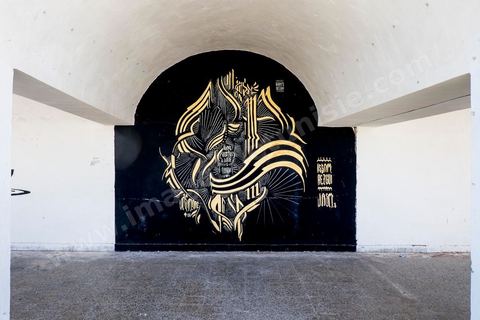 Oeuvres de l'artiste suisse JASM1 pour le Projet DjerbaHood : après la Tour Paris 13, la team Itinerrance dépose ses valises dans un village traditionnel de l’île de Djerba, Erriadh. Depuis le début du mois de juillet, le village d’Erriadh se métamorphose petit à petit pour devenir un véritable musée à ciel ouvert. Une sélection d’artistes des quatre coins du monde ont été invités à s’exprimer dans ce décor unique à l’architecture authentique : murs blancs, portes bleues turquoises, dômes, veilles constructions et divers lieux abandonnés, autant de possibilités qui donneront naissance à des créations uniques aux couleurs locales.