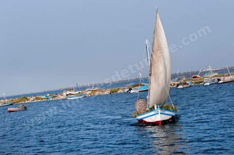 Bateau traditionnel de Kerkannah dans le port de pêche d'El Ataya sur l'île Chergui de Kerkennah