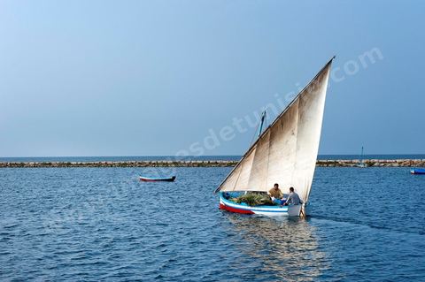 Bateau traditionnel de Kerkannah dans le port de pêche d'El Ataya sur l'île Chergui de Kerkennah
